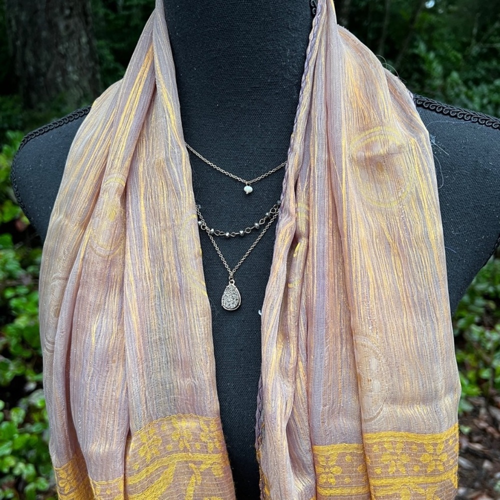 100% Silk Vintage Gold Strand Buttery Soft Rectangle Woven Scarf Gray Sheer 64”